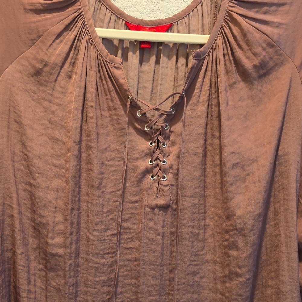 Boho Chic Fairycore J.LO Rose Taupe Lace-Up Cottagecore Blouse - Picture 4 of 9